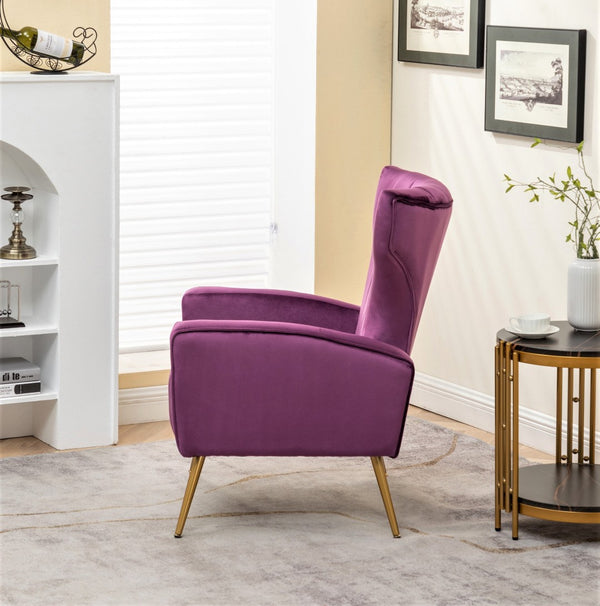 English Elm Velvet Wingback Accent Chair Solid Wood Frame Tapered Metal Legs for Bedroom or Living Room Purple B2735P510417