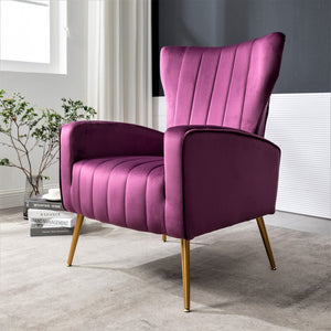 English Elm Velvet Wingback Accent Chair Solid Wood Frame Tapered Metal Legs for Bedroom or Living Room Purple B2735P510417