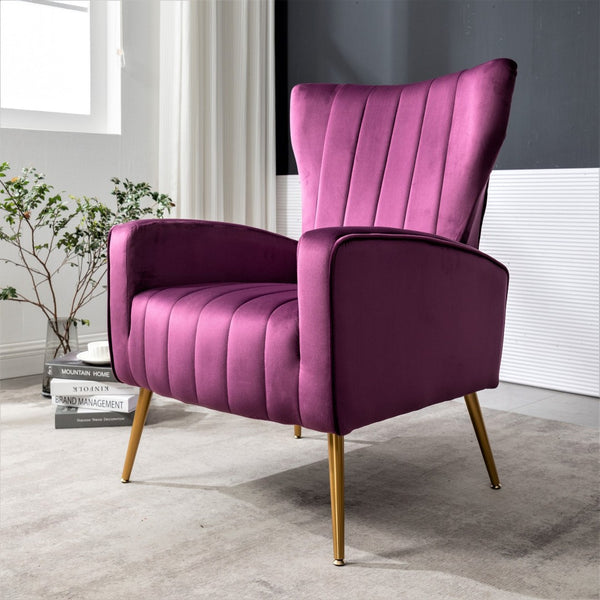 English Elm Velvet Wingback Accent Chair Solid Wood Frame Tapered Metal Legs for Bedroom or Living Room Purple B2735P510417