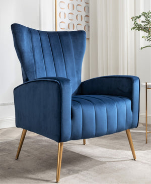 English Elm Velvet Wingback Accent Chair Solid Wood Frame Tapered Metal Legs for Bedroom or Living Room Blue B2735P510418