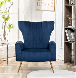 English Elm Velvet Wingback Accent Chair Solid Wood Frame Tapered Metal Legs for Bedroom or Living Room Blue B2735P510418