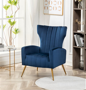 English Elm Velvet Wingback Accent Chair Solid Wood Frame Tapered Metal Legs for Bedroom or Living Room Blue B2735P510418
