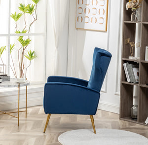 English Elm Velvet Wingback Accent Chair Solid Wood Frame Tapered Metal Legs for Bedroom or Living Room Blue B2735P510418