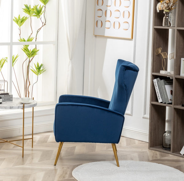 English Elm Velvet Wingback Accent Chair Solid Wood Frame Tapered Metal Legs for Bedroom or Living Room Blue B2735P510418
