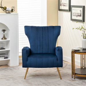 English Elm Velvet Wingback Accent Chair Solid Wood Frame Tapered Metal Legs for Bedroom or Living Room Blue B2735P510418
