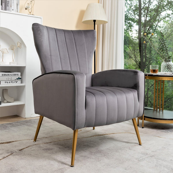 English Elm Velvet Wingback Accent Chair Solid Wood Frame Tapered Metal Legs for Bedroom or Living Room Grey B2735P510419