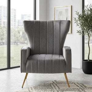 English Elm Velvet Wingback Accent Chair Solid Wood Frame Tapered Metal Legs for Bedroom or Living Room Grey B2735P510419