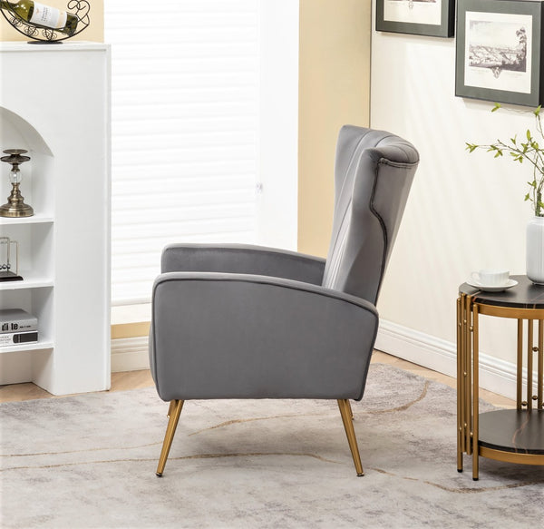 English Elm Velvet Wingback Accent Chair Solid Wood Frame Tapered Metal Legs for Bedroom or Living Room Grey B2735P510419