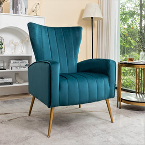 English Elm Velvet Wingback Accent Chair Solid Wood Frame Tapered Metal Legs for Bedroom or Living Room Teal B2735P510420