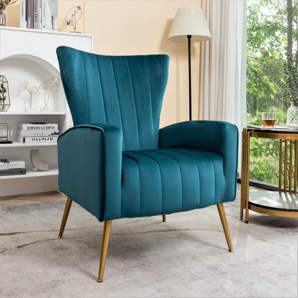 English Elm Velvet Wingback Accent Chair Solid Wood Frame Tapered Metal Legs for Bedroom or Living Room Teal B2735P510420