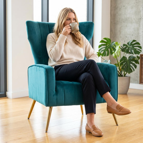English Elm Velvet Wingback Accent Chair Solid Wood Frame Tapered Metal Legs for Bedroom or Living Room Teal B2735P510420