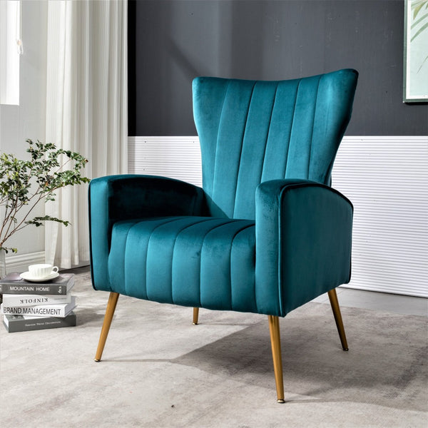 English Elm Velvet Wingback Accent Chair Solid Wood Frame Tapered Metal Legs for Bedroom or Living Room Teal B2735P510420