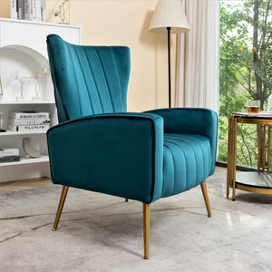 English Elm Velvet Wingback Accent Chair Solid Wood Frame Tapered Metal Legs for Bedroom or Living Room Teal B2735P510420
