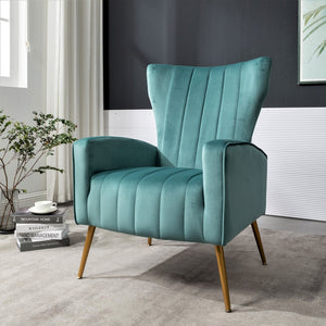 English Elm Velvet Wingback Accent Chair Solid Wood Frame Tapered Metal Legs for Bedroom or Living Room Blue Gray B2735P510421