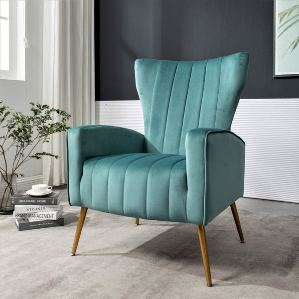English Elm Velvet Wingback Accent Chair Solid Wood Frame Tapered Metal Legs for Bedroom or Living Room Blue Gray B2735P510421