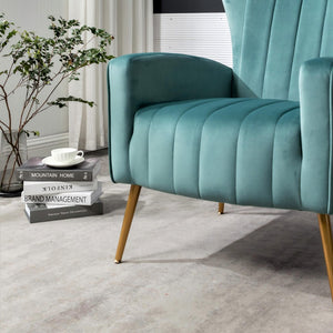 English Elm Velvet Wingback Accent Chair Solid Wood Frame Tapered Metal Legs for Bedroom or Living Room Blue Gray B2735P510421