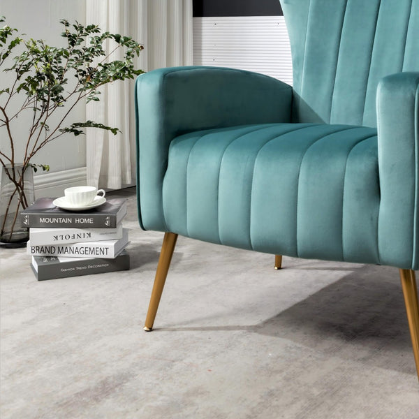 English Elm Velvet Wingback Accent Chair Solid Wood Frame Tapered Metal Legs for Bedroom or Living Room Blue Gray B2735P510421