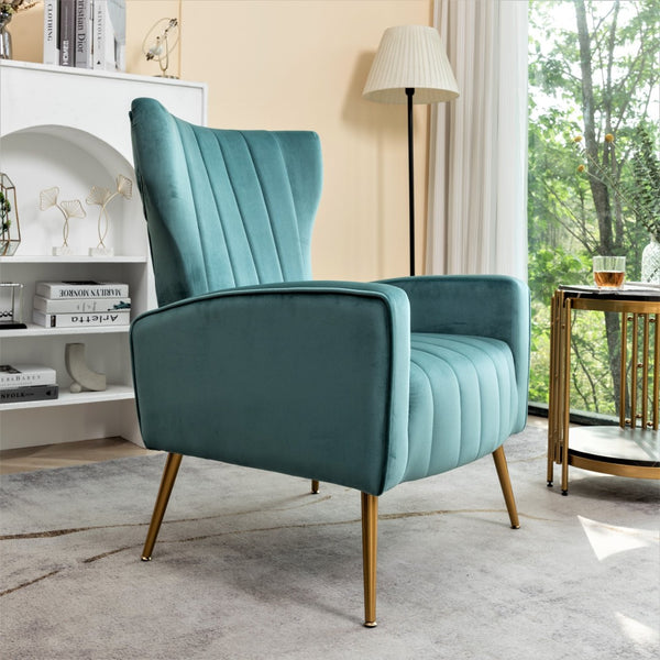 English Elm Velvet Wingback Accent Chair Solid Wood Frame Tapered Metal Legs for Bedroom or Living Room Blue Gray B2735P510421