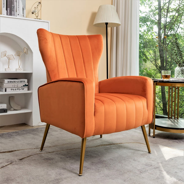 English Elm Velvet Wingback Accent Chair Solid Wood Frame Tapered Metal Legs for Bedroom or Living Room Orange B2735P510422
