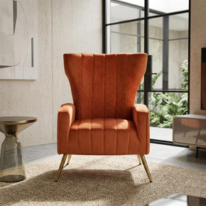 English Elm Velvet Wingback Accent Chair Solid Wood Frame Tapered Metal Legs for Bedroom or Living Room Orange B2735P510422