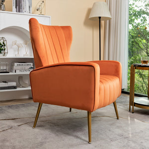 English Elm Velvet Wingback Accent Chair Solid Wood Frame Tapered Metal Legs for Bedroom or Living Room Orange B2735P510422