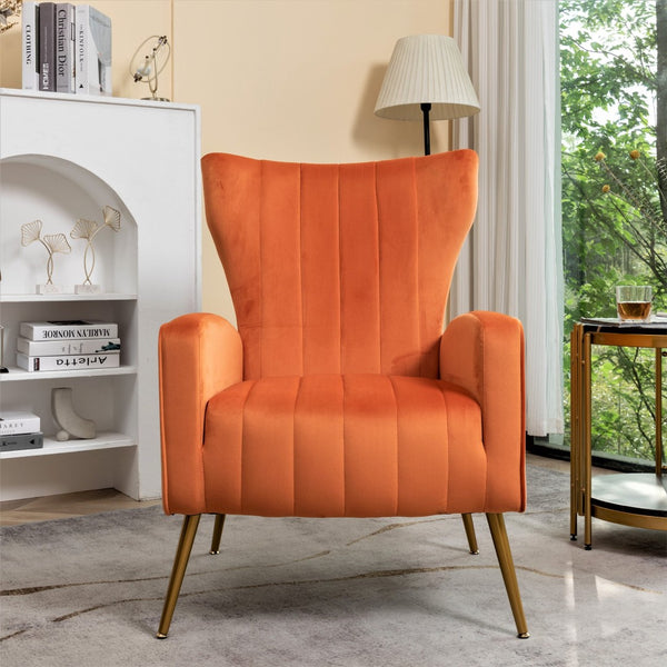 English Elm Velvet Wingback Accent Chair Solid Wood Frame Tapered Metal Legs for Bedroom or Living Room Orange B2735P510422