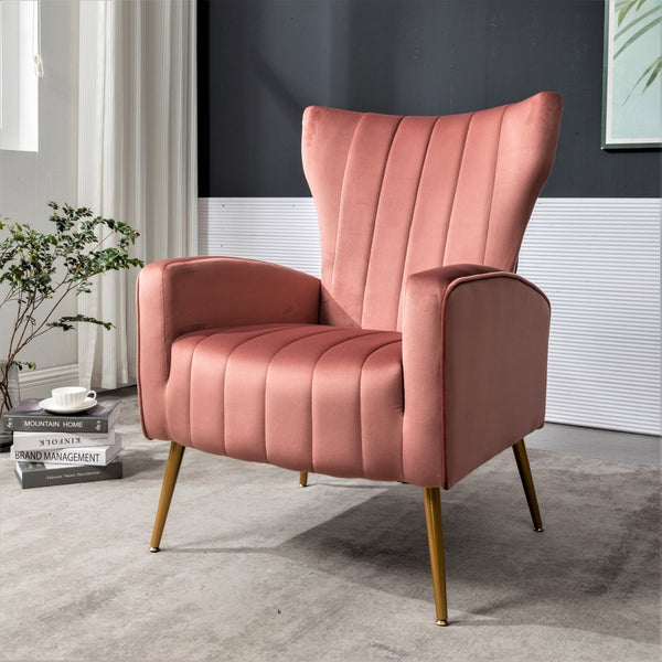 English Elm Velvet Wingback Accent Chair Solid Wood Frame Tapered Metal Legs for Bedroom or Living Room Rose B2735P510423