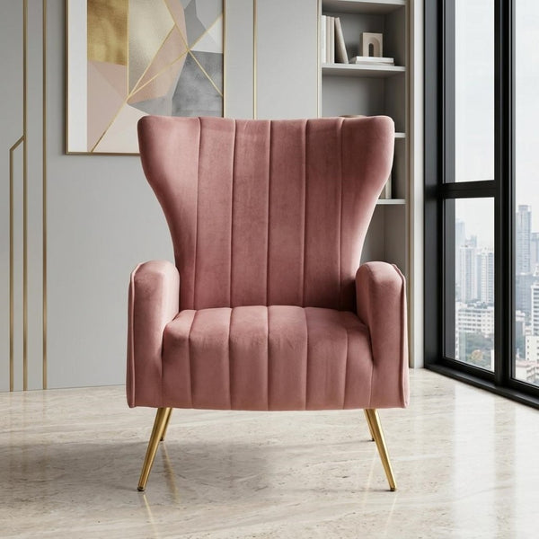 English Elm Velvet Wingback Accent Chair Solid Wood Frame Tapered Metal Legs for Bedroom or Living Room Rose B2735P510423
