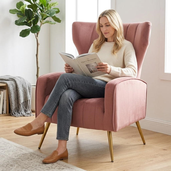 English Elm Velvet Wingback Accent Chair Solid Wood Frame Tapered Metal Legs for Bedroom or Living Room Rose B2735P510423