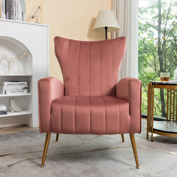 English Elm Velvet Wingback Accent Chair Solid Wood Frame Tapered Metal Legs for Bedroom or Living Room Rose B2735P510423