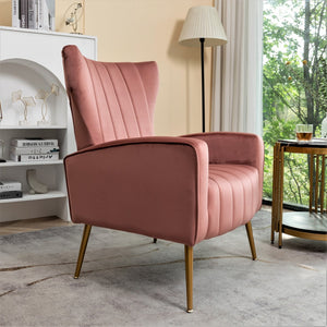 English Elm Velvet Wingback Accent Chair Solid Wood Frame Tapered Metal Legs for Bedroom or Living Room Rose B2735P510423