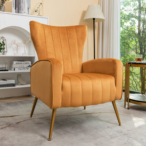 English Elm Velvet Wingback Accent Chair Solid Wood Frame Tapered Metal Legs for Bedroom or Living Room Mustard yellow B2735P510424