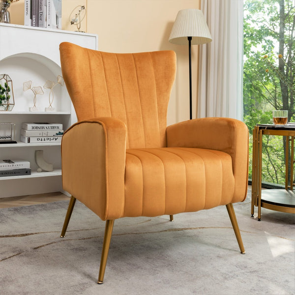 English Elm Velvet Wingback Accent Chair Solid Wood Frame Tapered Metal Legs for Bedroom or Living Room Mustard yellow B2735P510424