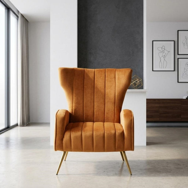 English Elm Velvet Wingback Accent Chair Solid Wood Frame Tapered Metal Legs for Bedroom or Living Room Mustard yellow B2735P510424