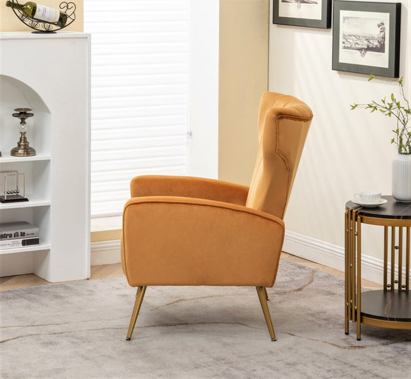 English Elm Velvet Wingback Accent Chair Solid Wood Frame Tapered Metal Legs for Bedroom or Living Room Mustard yellow B2735P510424