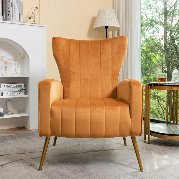 English Elm Velvet Wingback Accent Chair Solid Wood Frame Tapered Metal Legs for Bedroom or Living Room Mustard yellow B2735P510424