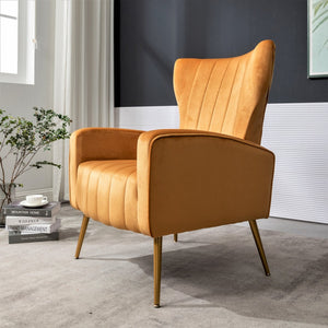 English Elm Velvet Wingback Accent Chair Solid Wood Frame Tapered Metal Legs for Bedroom or Living Room Mustard yellow B2735P510424