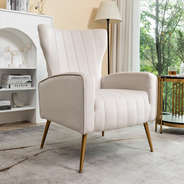 English Elm Velvet Wingback Accent Chair Solid Wood Frame Tapered Metal Legs for Bedroom or Living Room Beige B2735P510425