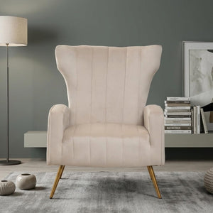 English Elm Velvet Wingback Accent Chair Solid Wood Frame Tapered Metal Legs for Bedroom or Living Room Beige B2735P510425