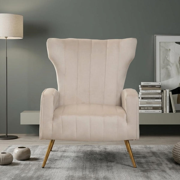 English Elm Velvet Wingback Accent Chair Solid Wood Frame Tapered Metal Legs for Bedroom or Living Room Beige B2735P510425