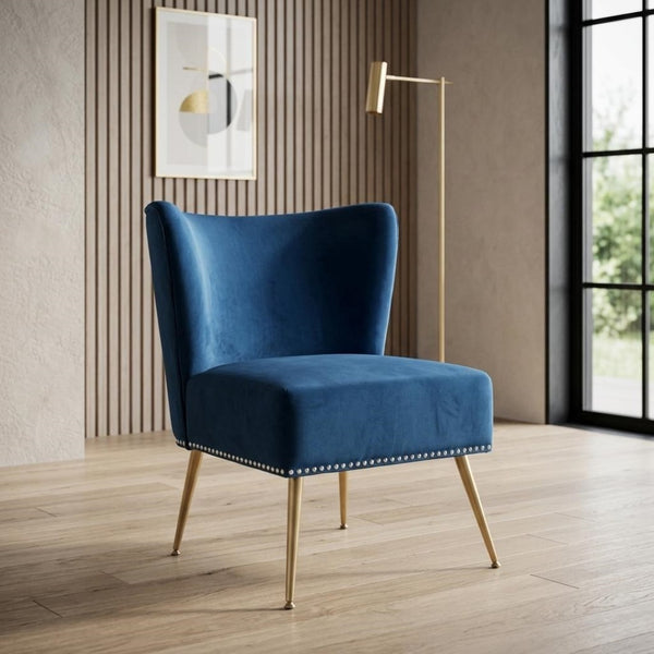 English Elm Printed Cloth Slipper Chair Armless Nailhead Trim Metal Legs Modern Accent Seating Blue B2735P510453