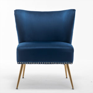 English Elm Printed Cloth Slipper Chair Armless Nailhead Trim Metal Legs Modern Accent Seating Blue B2735P510453