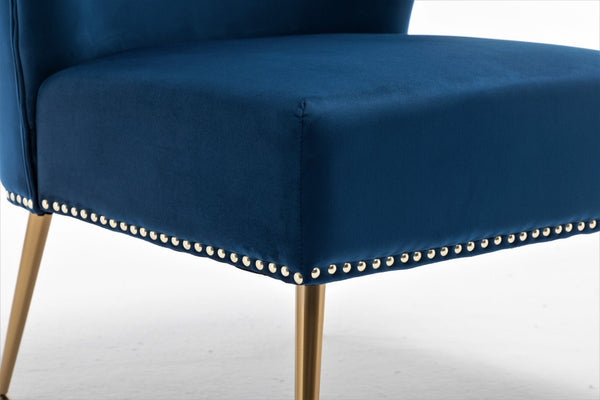 English Elm Printed Cloth Slipper Chair Armless Nailhead Trim Metal Legs Modern Accent Seating Blue B2735P510453