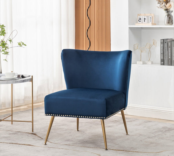 English Elm Printed Cloth Slipper Chair Armless Nailhead Trim Metal Legs Modern Accent Seating Blue B2735P510453