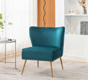 English Elm Printed Cloth Slipper Chair Armless Nailhead Trim Metal Legs Modern Accent Seating Teal Blue B2735P510456