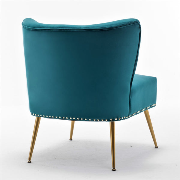 English Elm Printed Cloth Slipper Chair Armless Nailhead Trim Metal Legs Modern Accent Seating Teal Blue B2735P510456