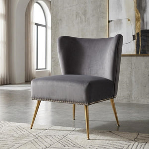 English Elm Printed Cloth Slipper Chair Armless Nailhead Trim Metal Legs Modern Accent Seating Gray B2735P510457