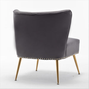 English Elm Printed Cloth Slipper Chair Armless Nailhead Trim Metal Legs Modern Accent Seating Gray B2735P510457