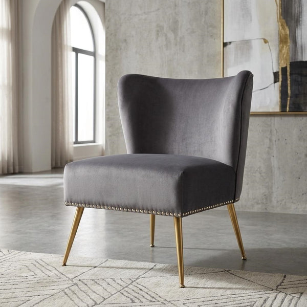 English Elm Printed Cloth Slipper Chair Armless Nailhead Trim Metal Legs Modern Accent Seating Gray B2735P510457