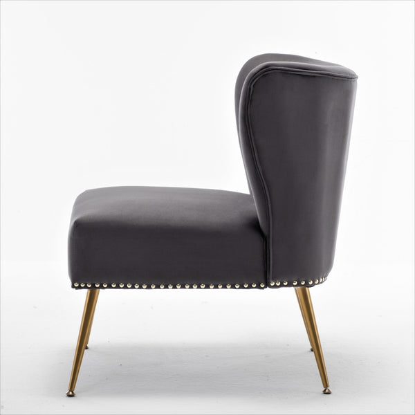 English Elm Printed Cloth Slipper Chair Armless Nailhead Trim Metal Legs Modern Accent Seating Gray B2735P510457